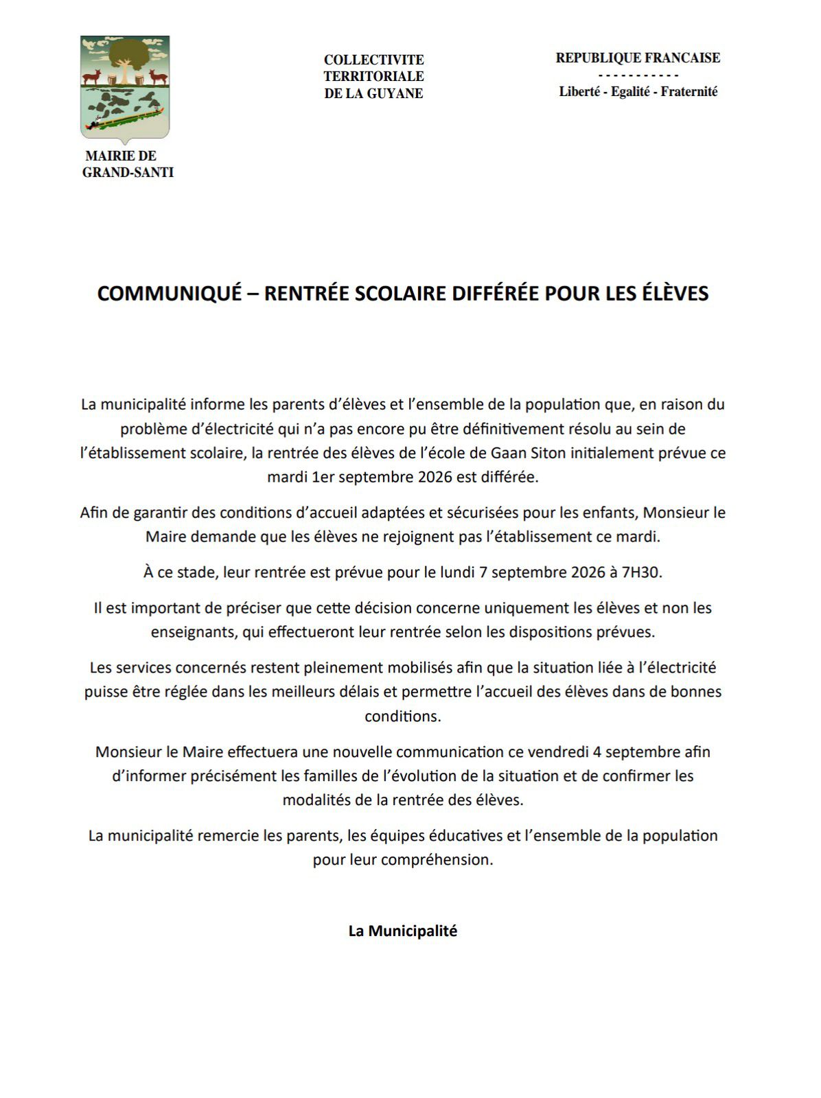 Communiqué: rentrée diférée pour les èlèves